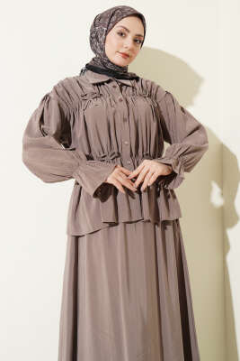 Yaka Büzgülü Fiyonklu Etekli İkili Takım Vizon - İkili Takım