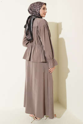 Yaka Büzgülü Fiyonklu Etekli İkili Takım Vizon - İkili Takım