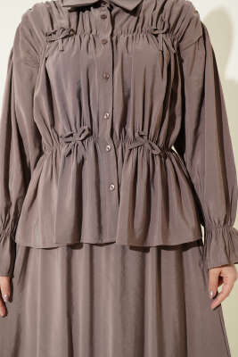 Yaka Büzgülü Fiyonklu Etekli İkili Takım Vizon - İkili Takım