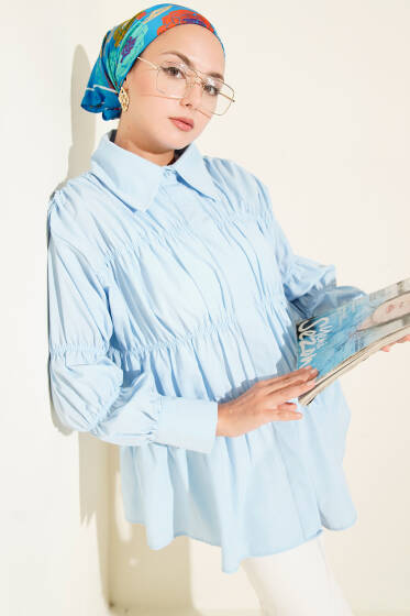 Yaka Büzgülü Gizli Düğmeli Gömlek Bebe Mavi - Gömlek