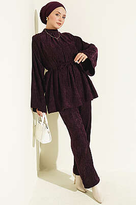 Yaka Büzgülü İp Kuşaklı Kadife İkili Takım Mürdüm 
