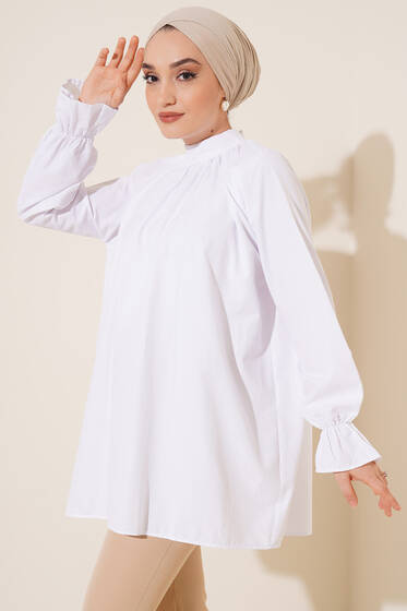 Yaka Büzgülü Kol Lastikli Tunik Beyaz - Tunik