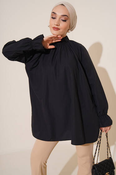 Yaka Büzgülü Kol Lastikli Tunik Siyah - Tunik