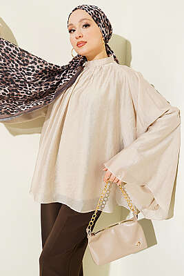 Yaka Büzgülü Oversize Tunik Bej - MİSS NİSA