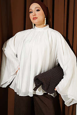 Yaka Büzgülü Oversize Tunik Beyaz - MİSS NİSA