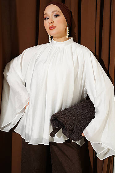 Yaka Büzgülü Oversize Tunik Beyaz - Tunik