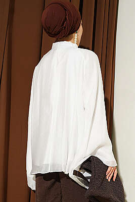 Yaka Büzgülü Oversize Tunik Beyaz - Tunik