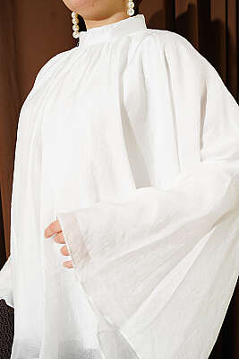 Yaka Büzgülü Oversize Tunik Beyaz - Tunik
