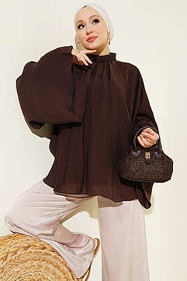 Yaka Büzgülü Oversize Tunik Kahve - MİSS NİSA