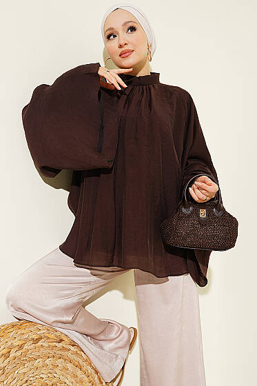 Yaka Büzgülü Oversize Tunik Kahve - Tunik