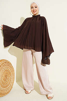 Yaka Büzgülü Oversize Tunik Kahve - Tunik