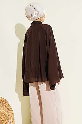Yaka Büzgülü Oversize Tunik Kahve - Tunik