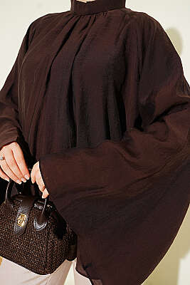 Yaka Büzgülü Oversize Tunik Kahve - Tunik