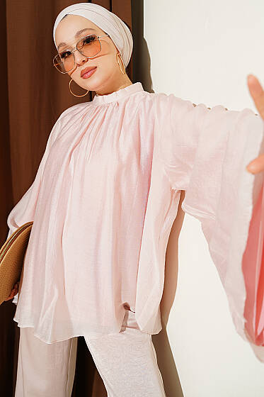 Yaka Büzgülü Oversize Tunik Pudra - Tunik