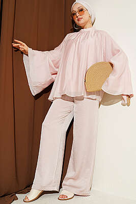Yaka Büzgülü Oversize Tunik Pudra - Tunik