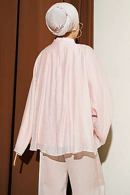 Yaka Büzgülü Oversize Tunik Pudra - Tunik