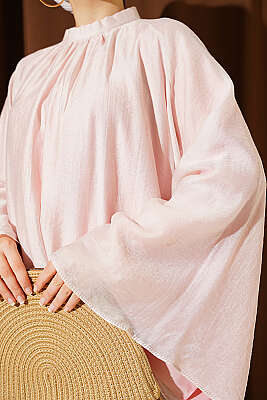 Yaka Büzgülü Oversize Tunik Pudra - Tunik