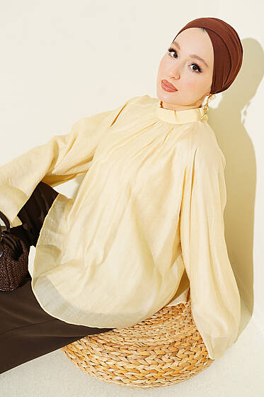 Yaka Büzgülü Oversize Tunik Sarı - Tunik