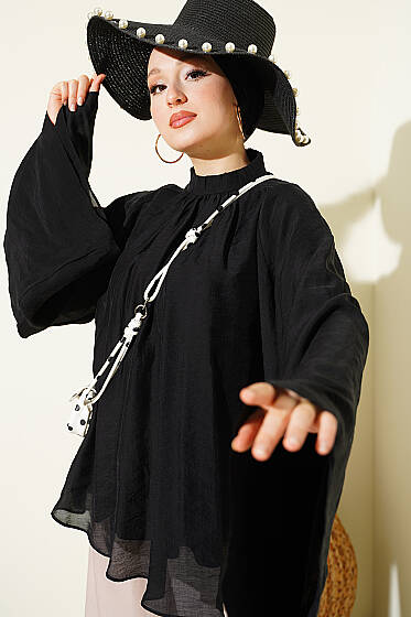 Yaka Büzgülü Oversize Tunik Siyah - Tunik