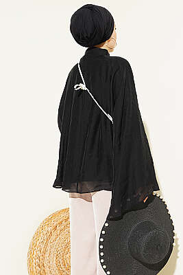 Yaka Büzgülü Oversize Tunik Siyah - Tunik