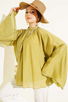 Yaka Büzgülü Oversize Tunik Yağ Yeşili - MİSS NİSA