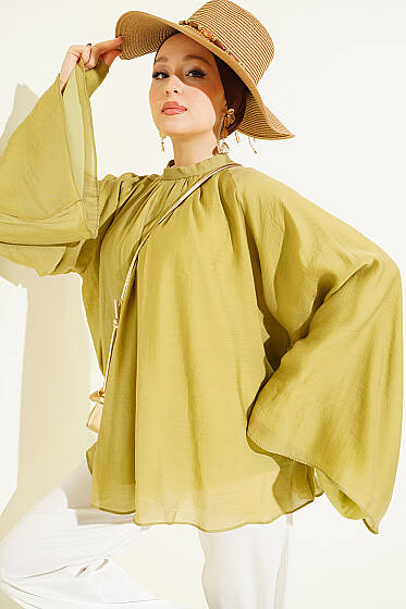 Yaka Büzgülü Oversize Tunik Yağ Yeşili - Tunik
