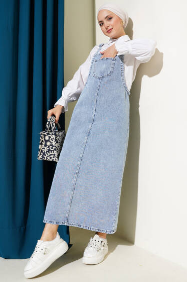 Yaka Cepli Askılı Midi Kot Slopet Açık Mavi - Elbise