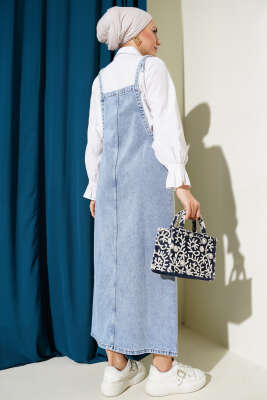 Yaka Cepli Askılı Midi Kot Slopet Açık Mavi - Tesettür Elbise