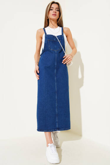 Yaka Cepli Askılı Midi Kot Slopet Kot - Kadın Giyim Modelleri