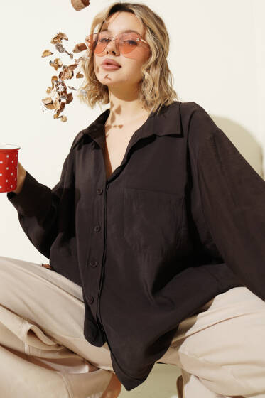 Yaka Cepli Oversize Gömlek Acı Kahve - Gömlek