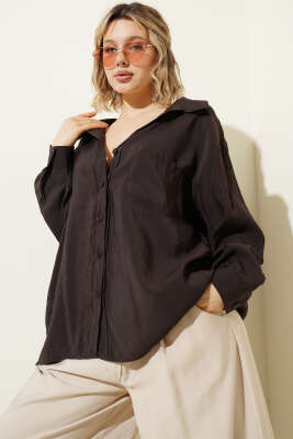 Yaka Cepli Oversize Gömlek Acı Kahve - Gömlek