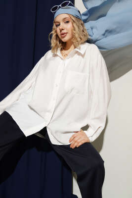 Yaka Cepli Oversize Gömlek Ekru - HELLIE