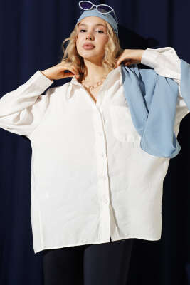 Yaka Cepli Oversize Gömlek Ekru - Gömlek