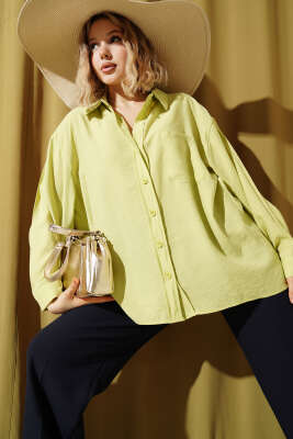 Yaka Cepli Oversize Gömlek Fıstık Yeşili 