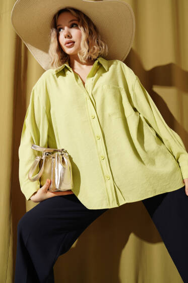 Yaka Cepli Oversize Gömlek Fıstık Yeşili - Gömlek