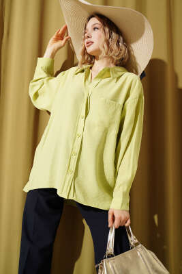 Yaka Cepli Oversize Gömlek Fıstık Yeşili - Gömlek