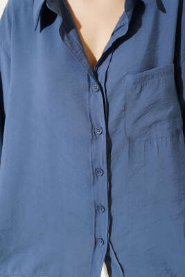 Yaka Cepli Oversize Gömlek İndigo - Gömlek