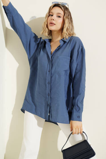 Yaka Cepli Oversize Gömlek İndigo - Gömlek