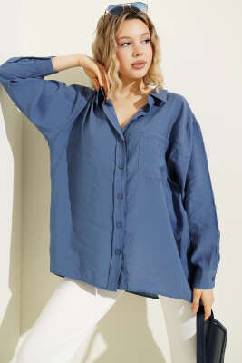 Yaka Cepli Oversize Gömlek İndigo - Gömlek