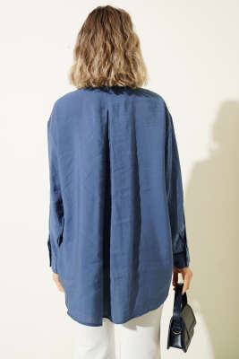 Yaka Cepli Oversize Gömlek İndigo - Gömlek