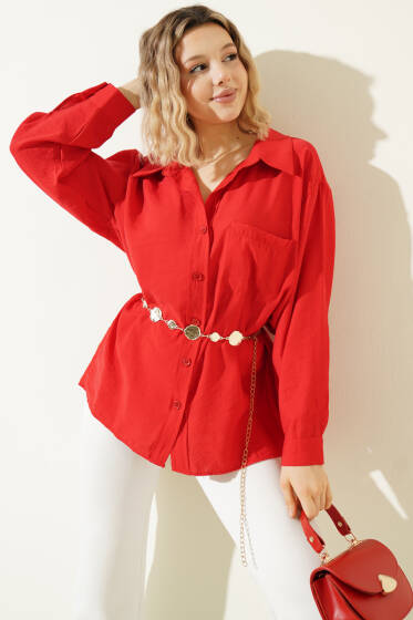 Yaka Cepli Oversize Gömlek Kırmızı - Gömlek