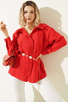Yaka Cepli Oversize Gömlek Kırmızı - Gömlek