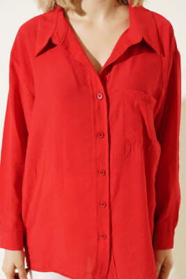 Yaka Cepli Oversize Gömlek Kırmızı - Gömlek