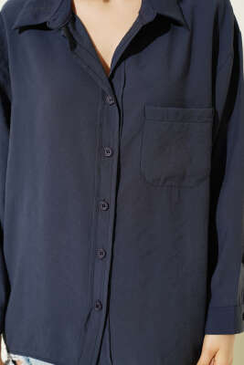 Yaka Cepli Oversize Gömlek Lacivert - Gömlek