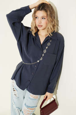 Yaka Cepli Oversize Gömlek Lacivert - Gömlek