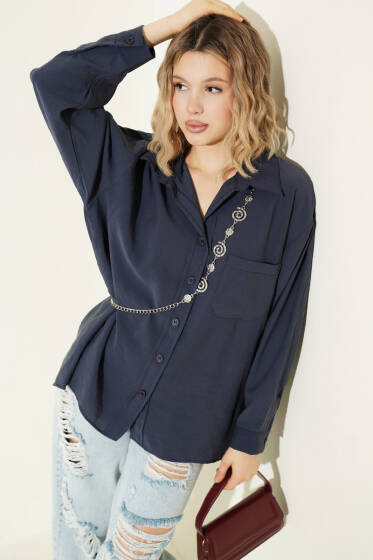 Yaka Cepli Oversize Gömlek Lacivert - Gömlek