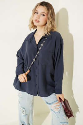 Yaka Cepli Oversize Gömlek Lacivert - Gömlek