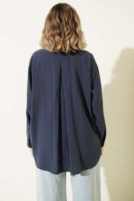 Yaka Cepli Oversize Gömlek Lacivert - Gömlek