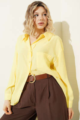 Yaka Cepli Oversize Gömlek Sarı - Gömlek