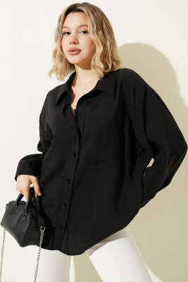Yaka Cepli Oversize Gömlek Siyah - HELLIE